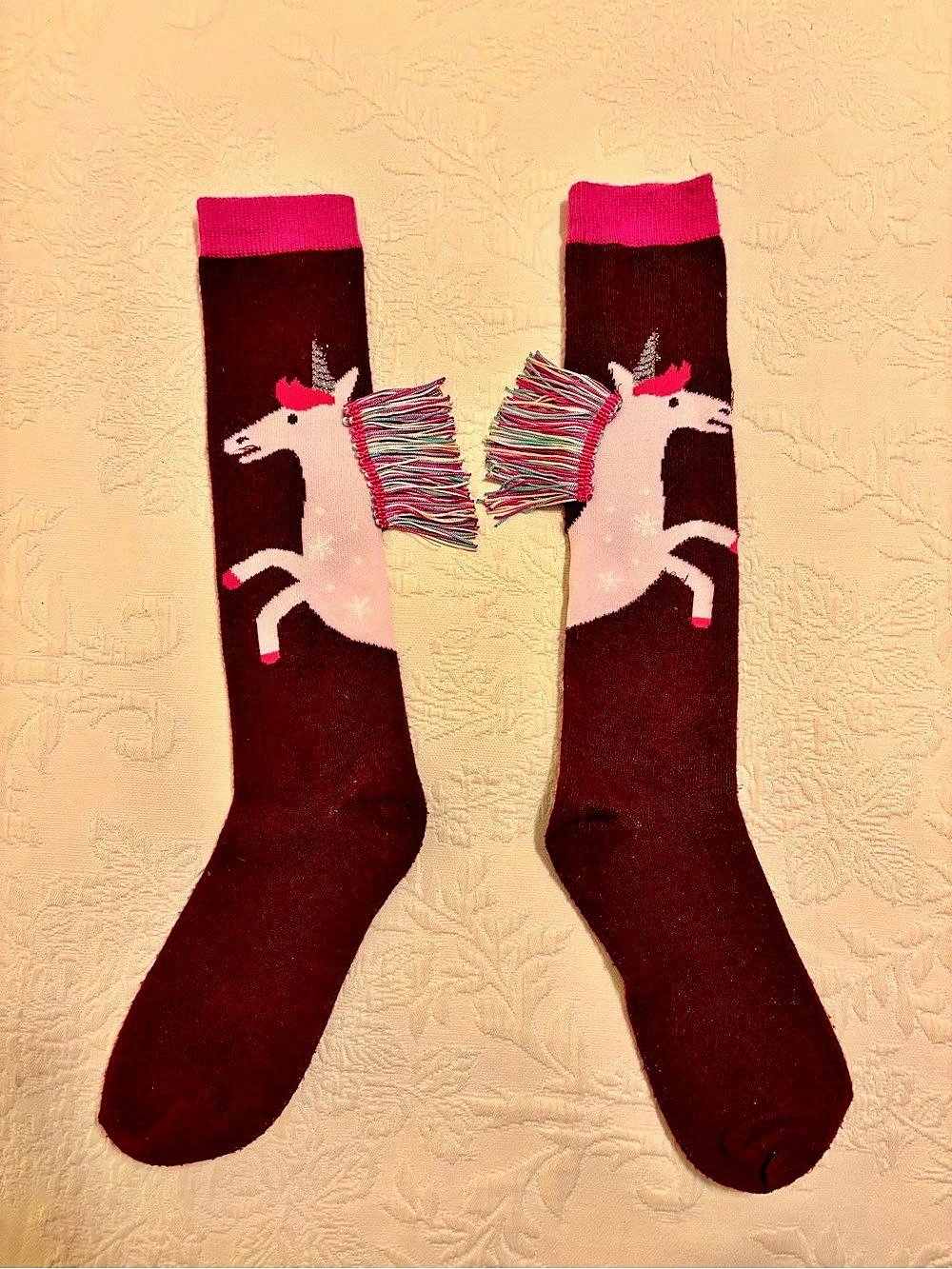 Unicorn Knee-High Socks in Burgundy & Pink